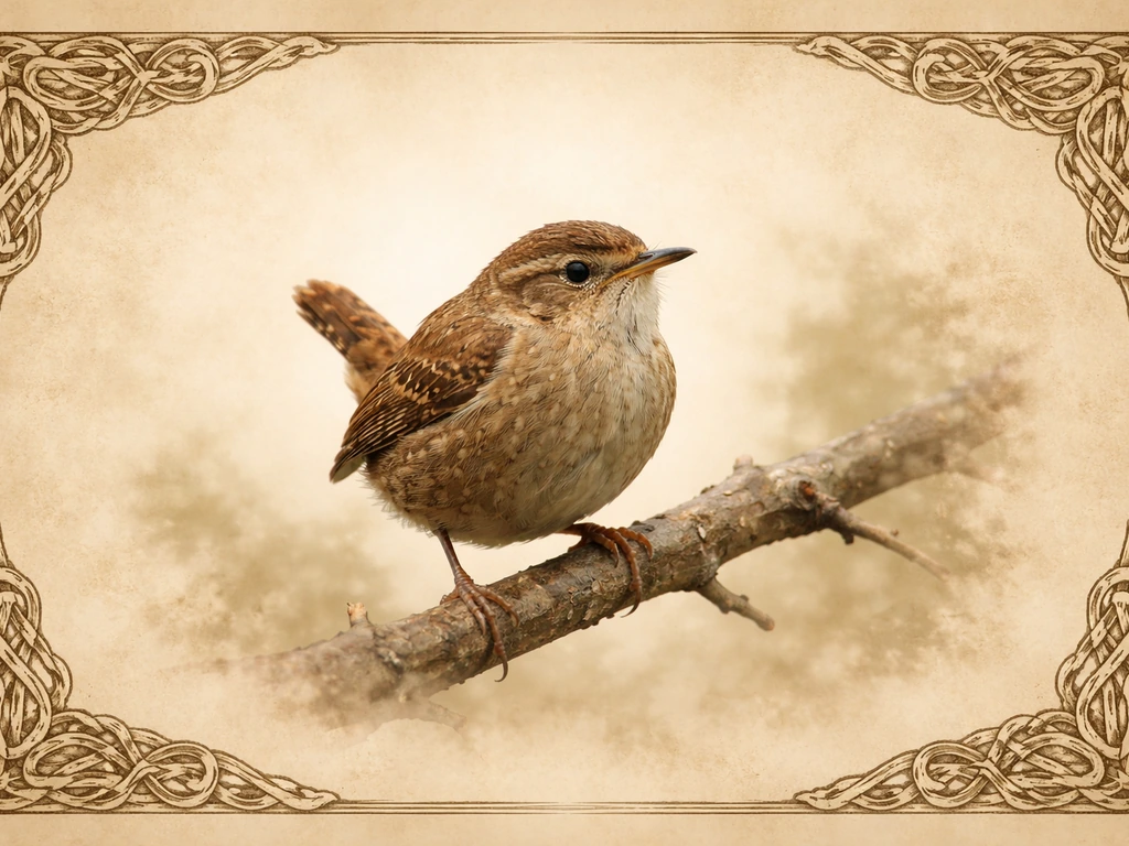 A small wren perched on a branch beside subtle Celtic knotwork and parchment-like ornamentation.