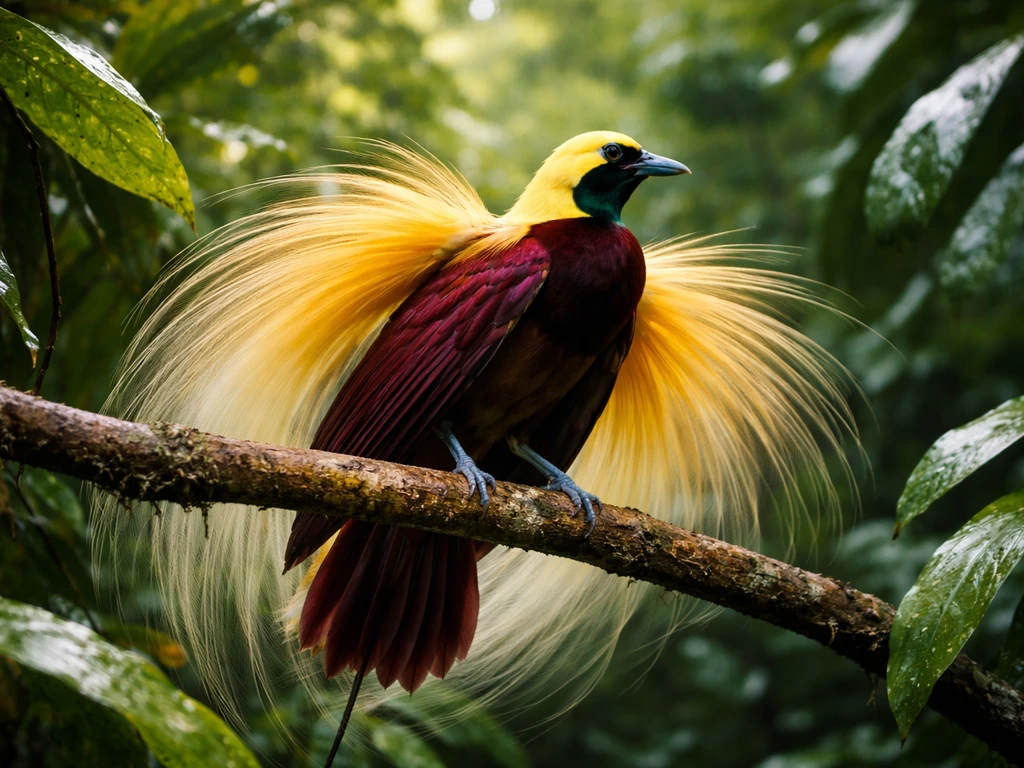 A bird of paradise perched in lush tropical leaves, bright plumes fanned amid warm sunlight.