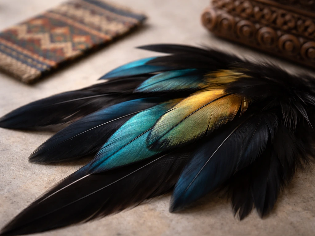 Close-up of bird of paradise feathers next to geometric textile and carved wood patterns.