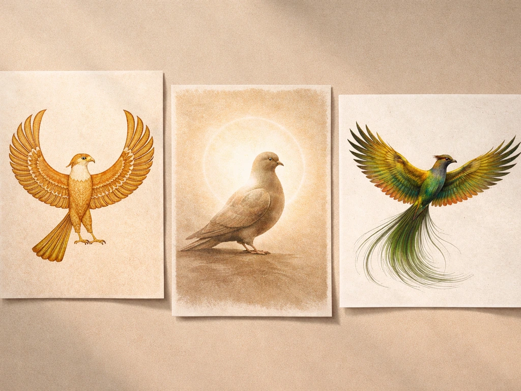 Minimal collage of silhouetted birds inspired by Egyptian and paradise motifs on a warm neutral background.