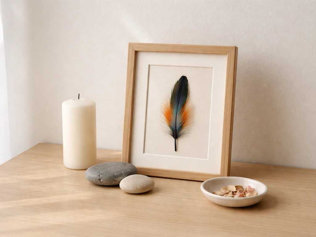 Minimal love-and-opportunity intention setup with a bird-of-paradise ornament and candle on a clean tabletop.