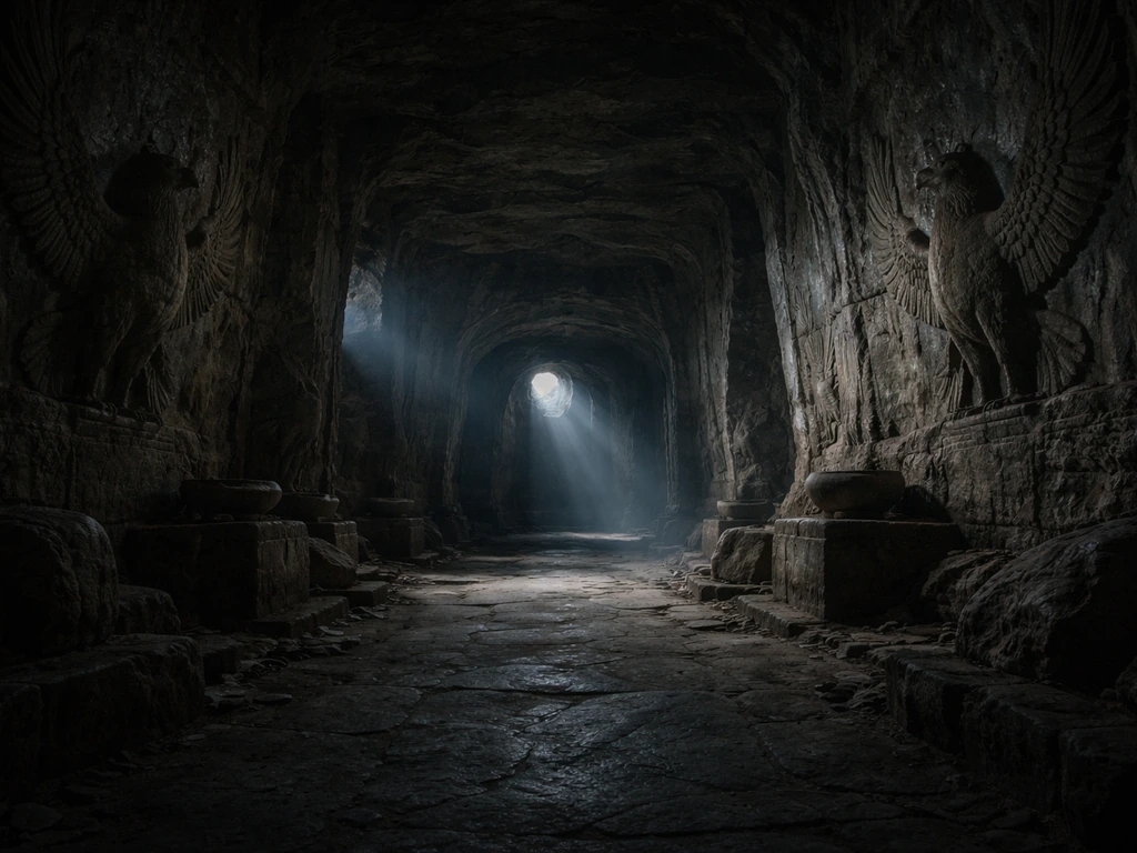 Dim cave interior with carved bird motifs and faint light beams, evoking a colossal bird shrine with little light.