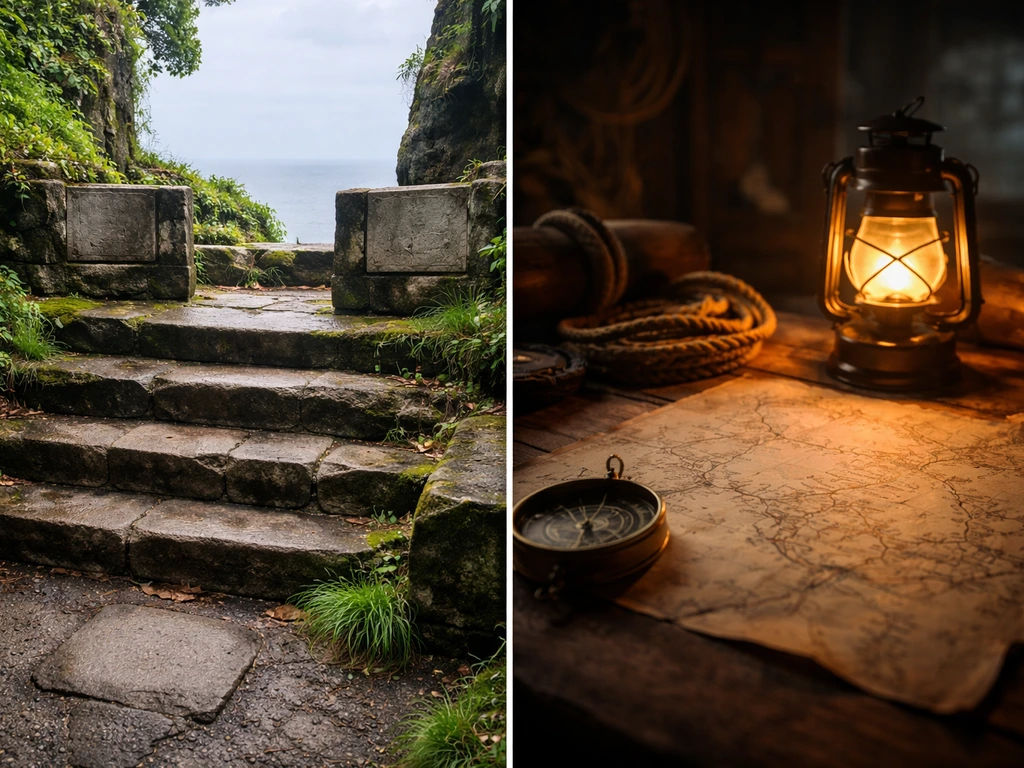 Split view: a weathered real shrine ruins sign vs a dark pirate riddle map scene on a table.