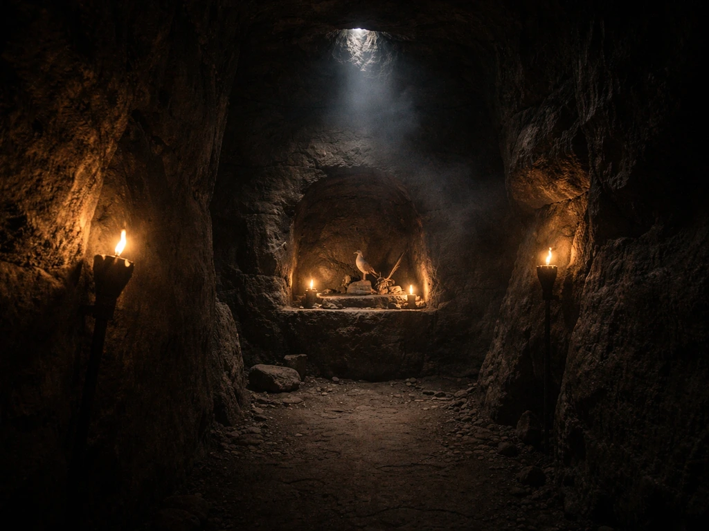 Low-lit cave temple interior with warm torchlight casting shadows toward a small bird shrine niche.