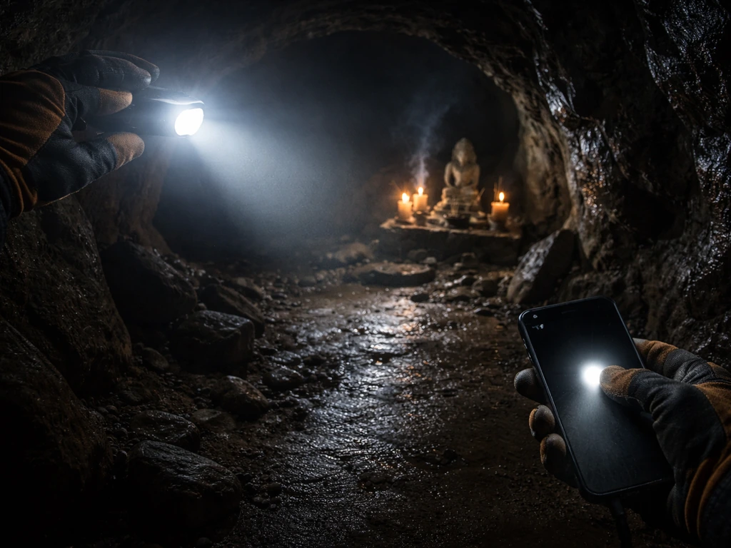 Gloved hands in a dark cave holding a headlamp and a phone flashlight to show safer low-light navigation.