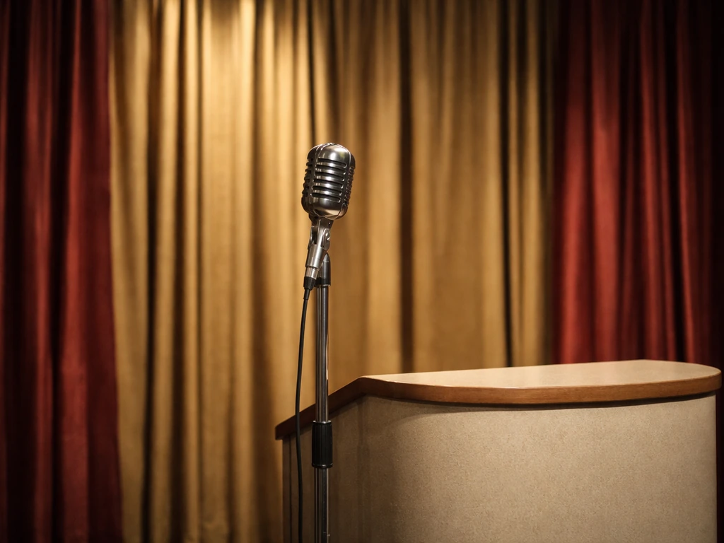 Vintage talk-show stage with a microphone and podium, evoking a classic host’s witty line.