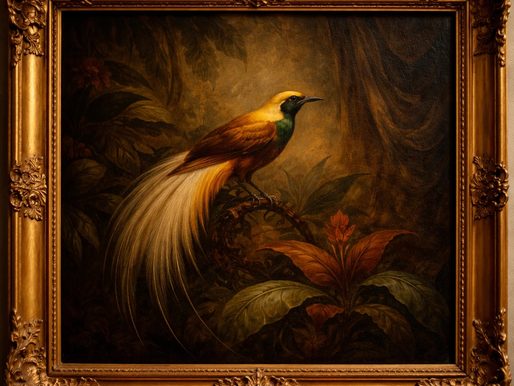 Historic European oil painting showing a bird of paradise amid exotic foliage, framed and warmly lit.