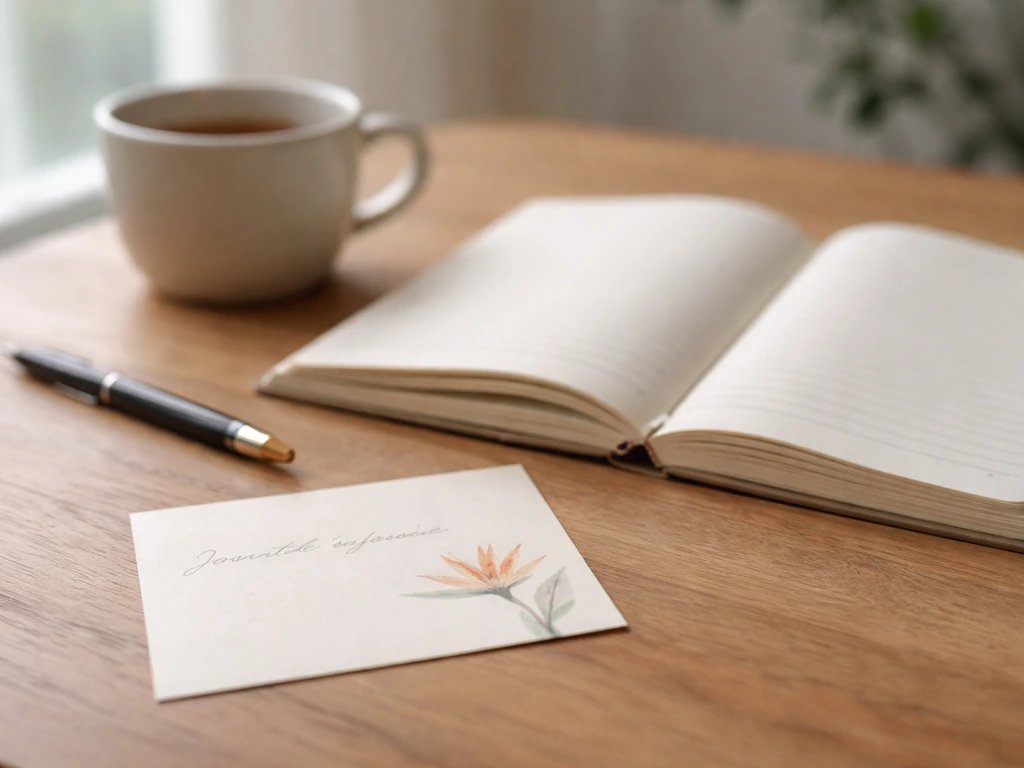Morning journal open on a desk with a small bird-of-paradise illustration and a handwritten blessing line.