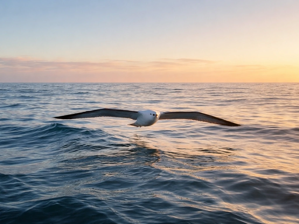 Majestic albatross gliding over open ocean at golden hour, calm maritime good-omen mood