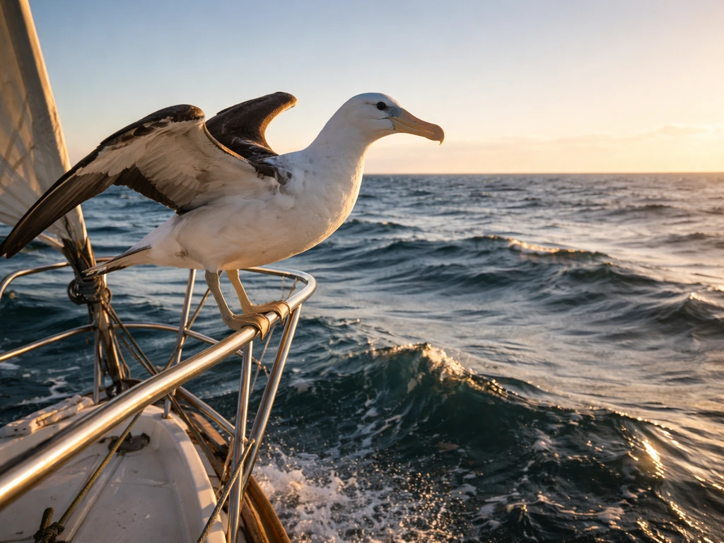 Albatross perched near the bow of a sailboat as sunlit waves and wind signal a safe voyage omen.