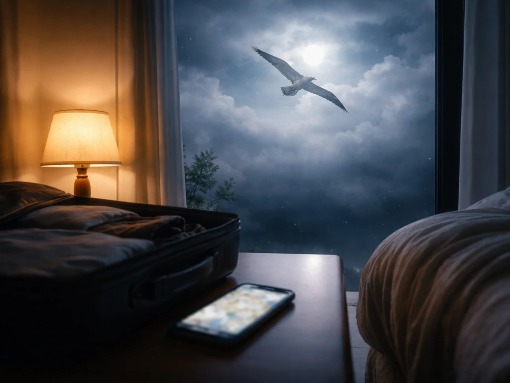 Night bedside scene with a dreamlike albatross soaring in a soft cloud-lit sky above travel items