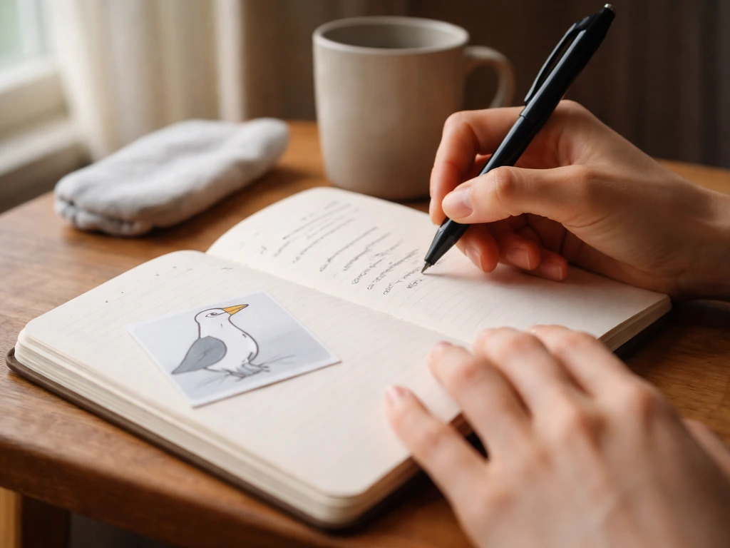 Person journaling quietly with an open notebook and a small albatross sketch on the page
