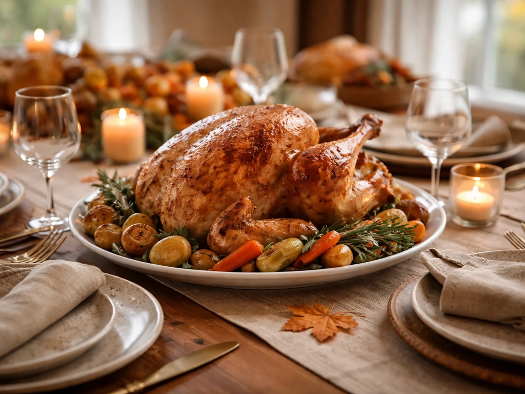 Roasted turkey at the center of a warm Thanksgiving table with autumn sides and candles