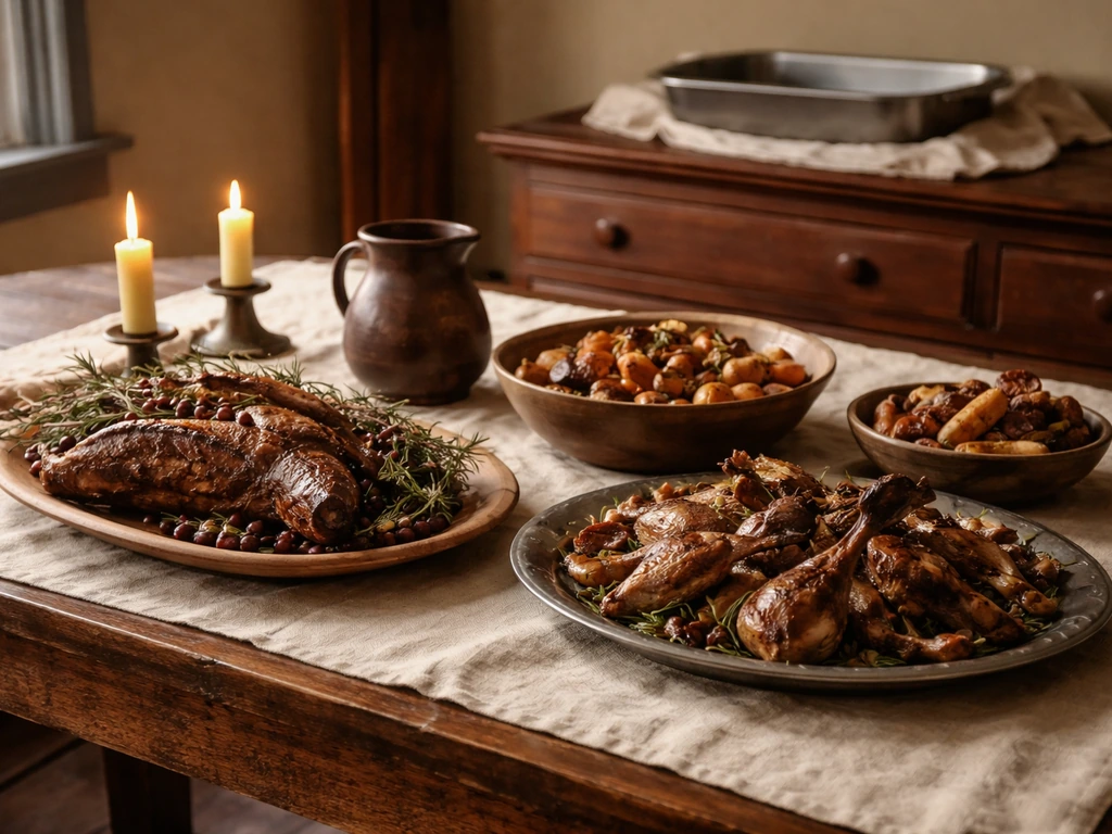 Old-style harvest feast table with roasted venison and wildfowl beside an unused serving board, rustic autumn setting