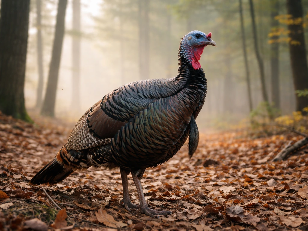 Close-up of a wild turkey in a quiet New England forest with soft morning light filtering through trees.