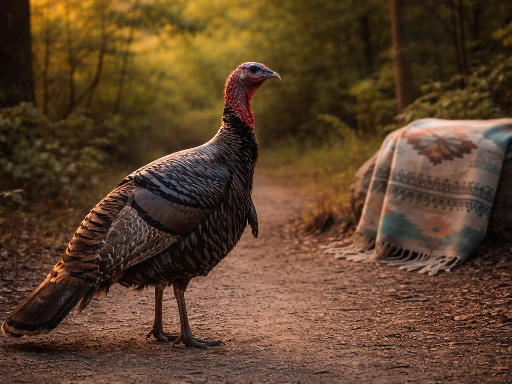 Wild turkey on a dirt path with a softly blurred woven cloth showing subtle geometric pattern accents.