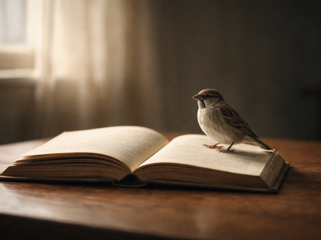 Quiet room with a small bird perched near an open book, evoking the Good Lord Bird and symbolic divine messages.