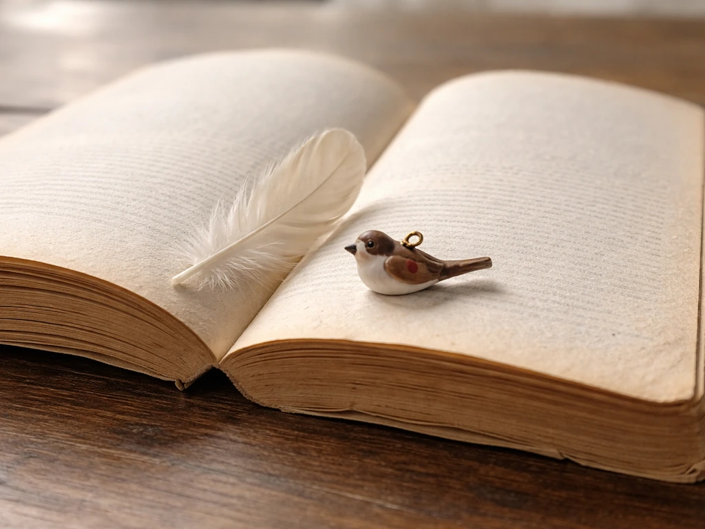 A pair of worn old book pages beside a small feathered bird souvenir, symbolizing the title’s reference