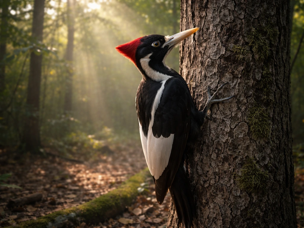 Ivory-billed woodpecker perched on a tree, sunbeams and quiet forest stillness behind it.