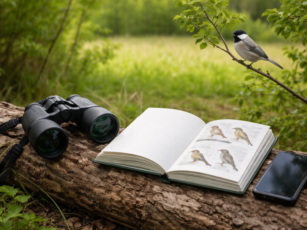 Binoculars and open bird field guide beside a small songbird perched on a branch.