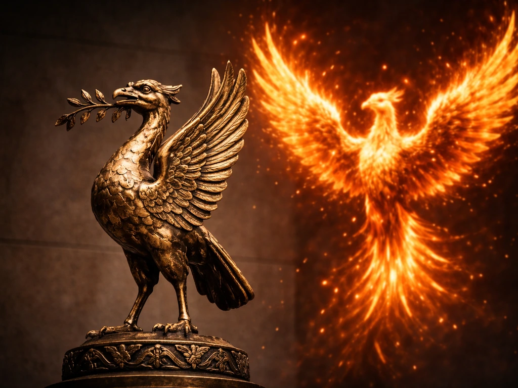 Composite of a bronze Liver Bird emblem and a distinct phoenix silhouette with subtle glow in a minimal setting