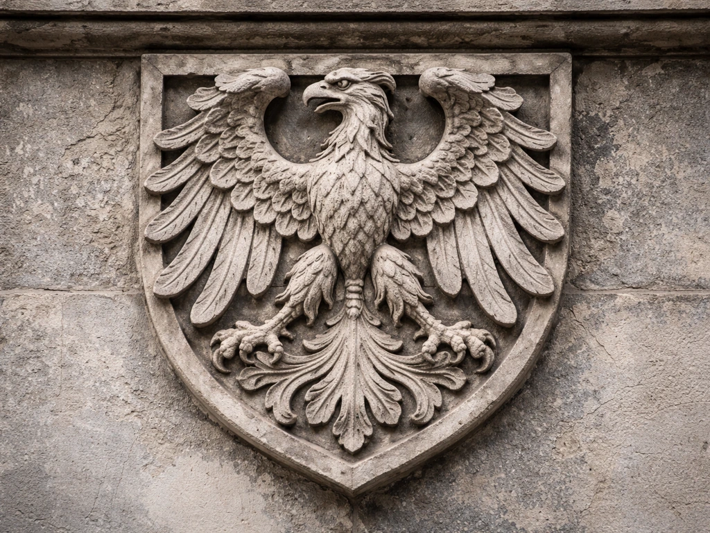 Close-up of a carved heraldic bird emblem on a weathered stone building wall.