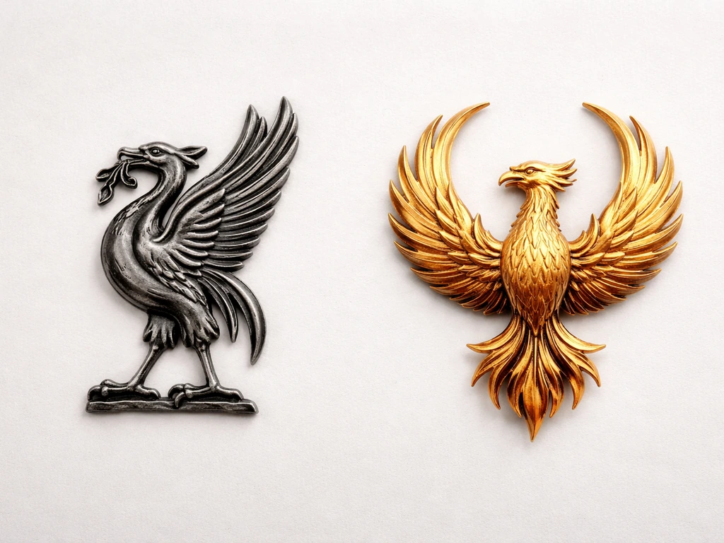 Side-by-side emblems: stylized Liver Bird and a phoenix motif on a neutral background, photo-real.