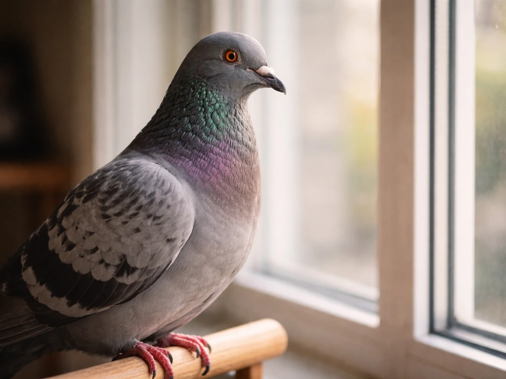 Close-up of a homing pigeon perched near a window, soft light and natural feathers visible.
