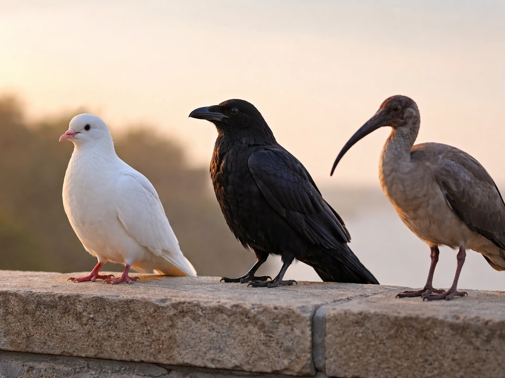Three different birds—pigeon/dove, raven, and ibis—lined up on a stone ledge in natural light.