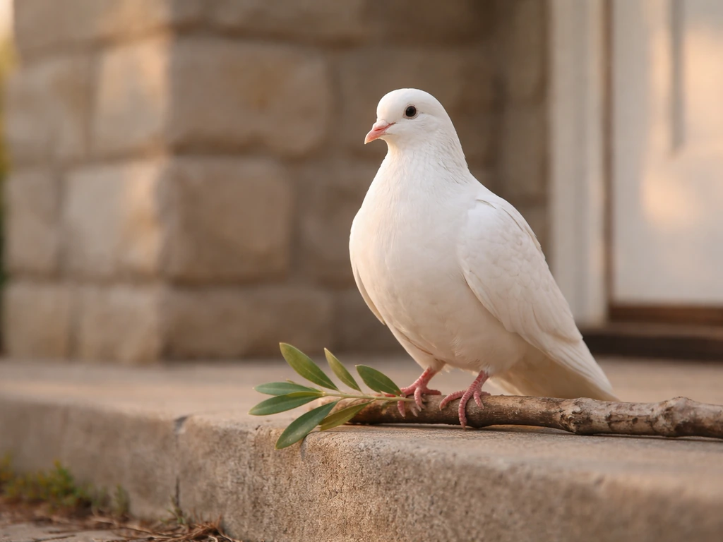 White dove perched by a doorstep with a small olive branch, symbolizing peace and safe homecoming.