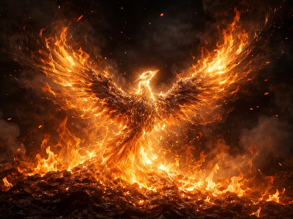 Flames engulf a phoenix as glowing ashes rise into a renewed phoenix silhouette against a dark sky