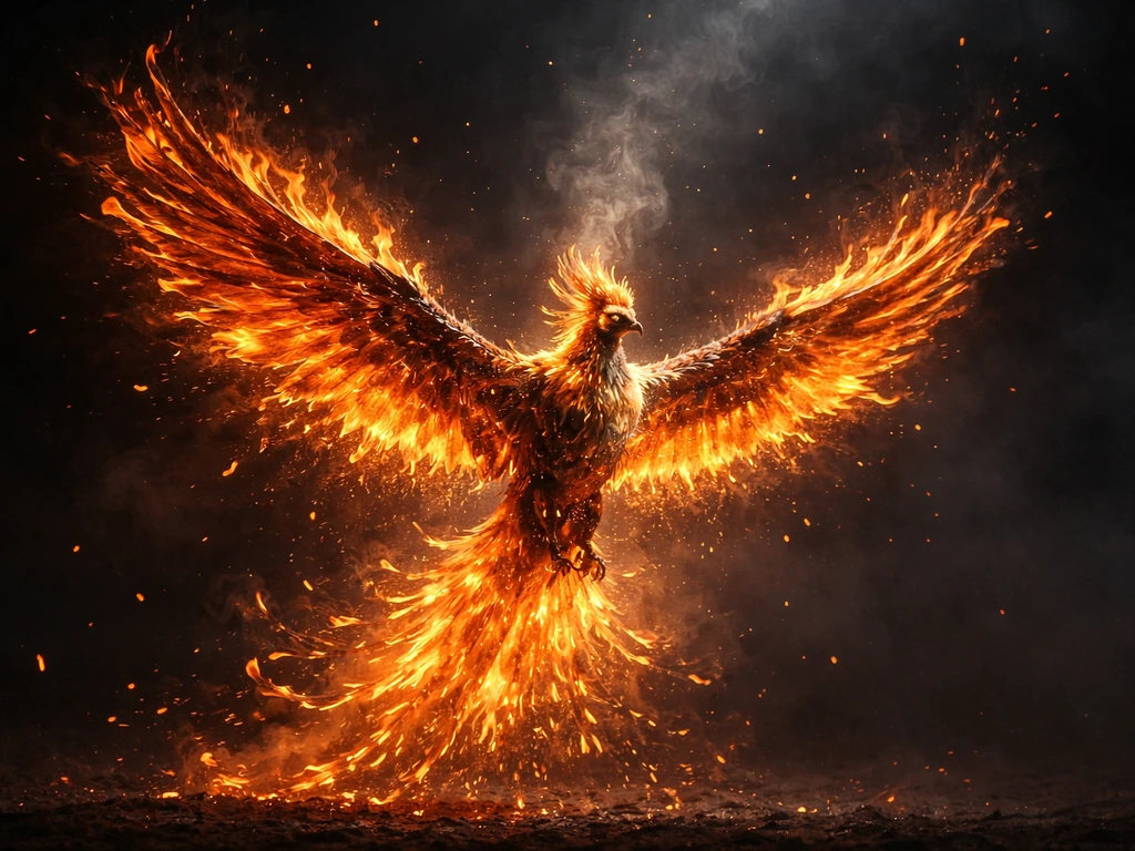 A phoenix burning in bright flames, surrounded by glowing embers and rising smoke, suggesting rebirth