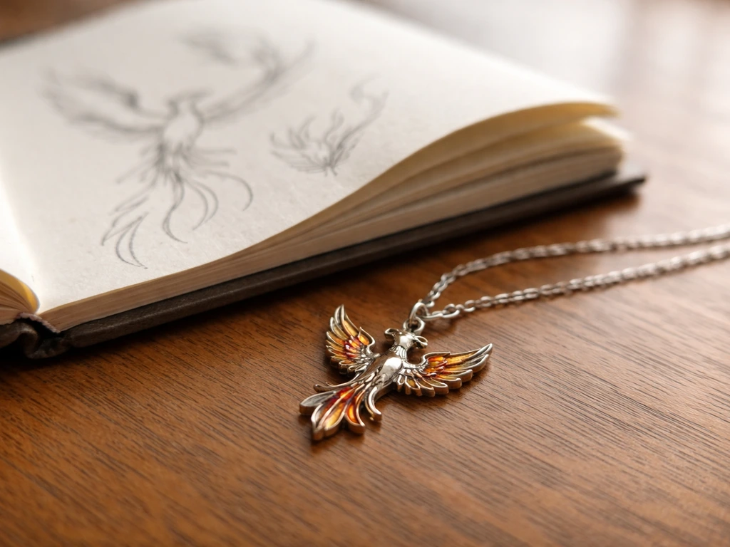 Close-up necklace charm and an open journal page showing subtle phoenix doodles with matching marks