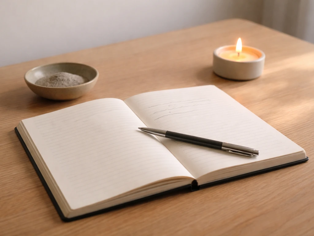 Open journal with phoenix-themed prompts beside ash-colored pigment, pen, and a candle for renewal.