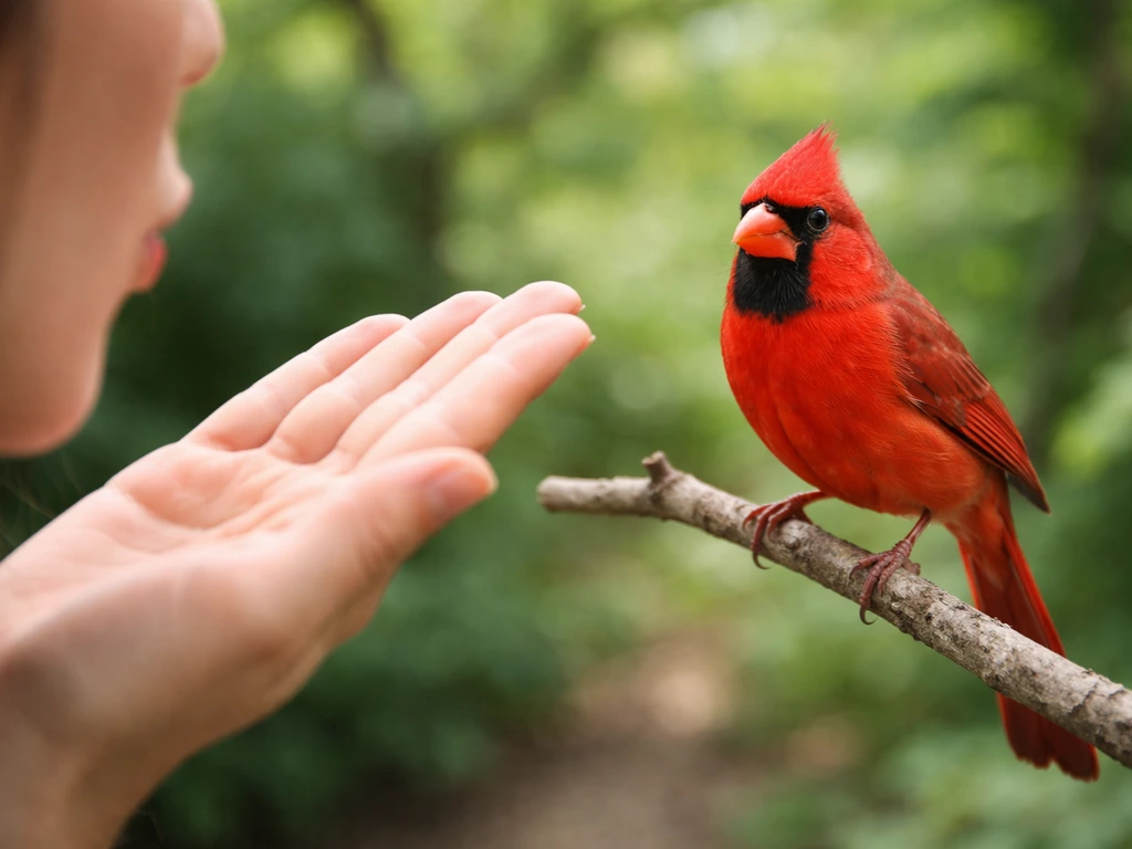 A Northern cardinal on a branch as a hand makes a subtle blown-kiss gesture toward it.
