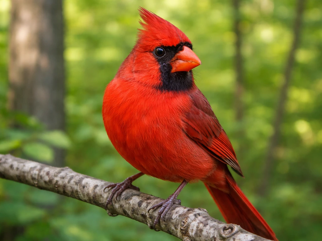A vivid red male Northern cardinal perched on a branch outdoors with blurred green background.