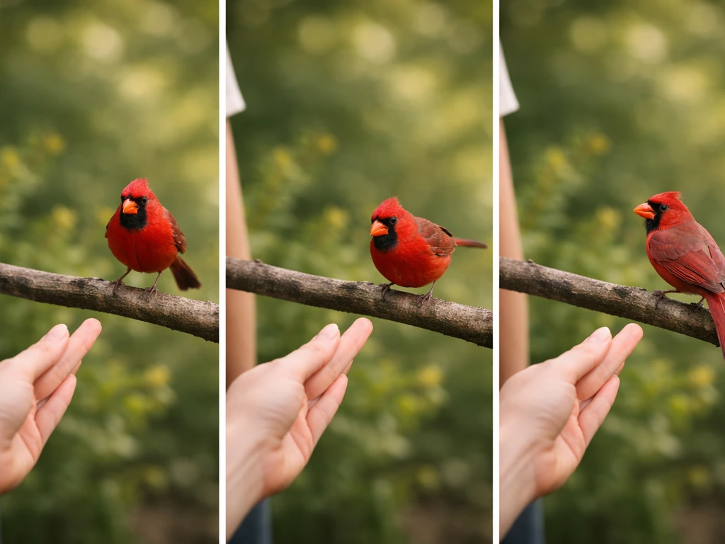 Three candid frames: a red bird lingers, hops closer, then turns to look back after a gentle gesture.