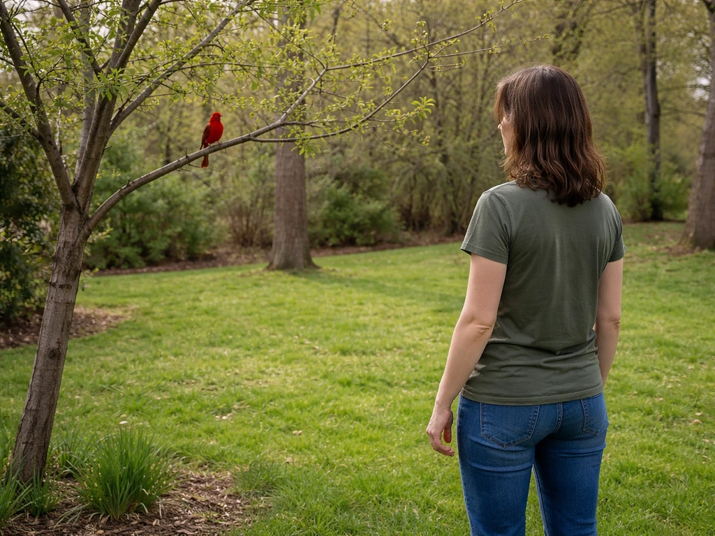 A person standing back at a respectful distance watching a cardinal in the yard, no feeding or touching.