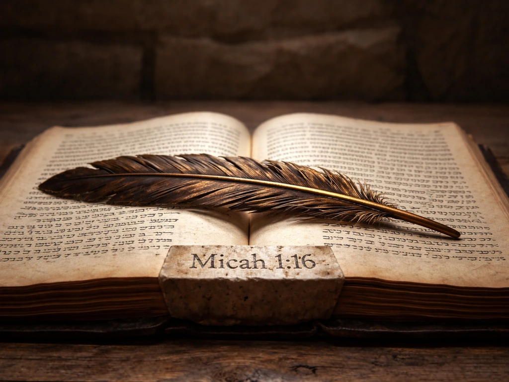 Open ancient manuscript on a table with a bronze eagle feather and a carved “Micah 1:16” tablet.