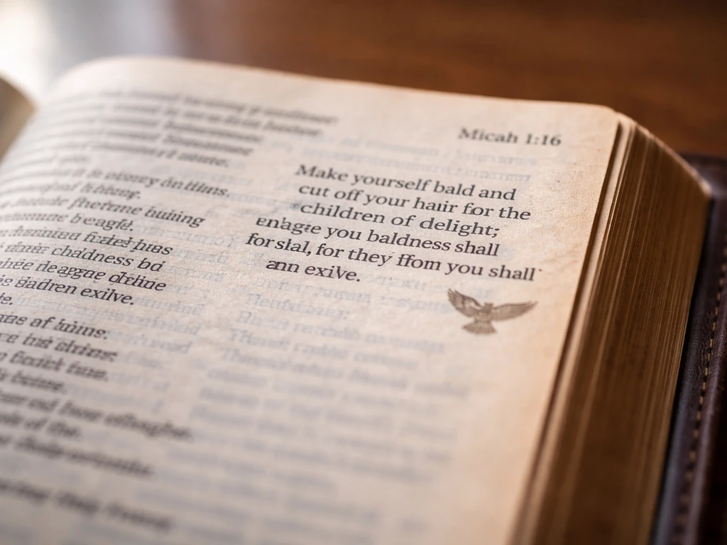 Open Bible with Micah 1:16 text visible and a subtle eagle engraving near the verse