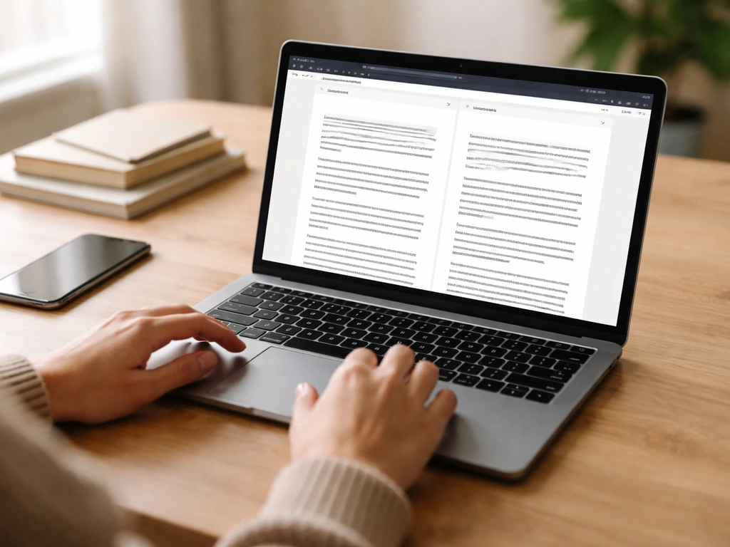 Hands hovering over a laptop screen with two Bible translation columns for cross-checking Micah 1:16.
