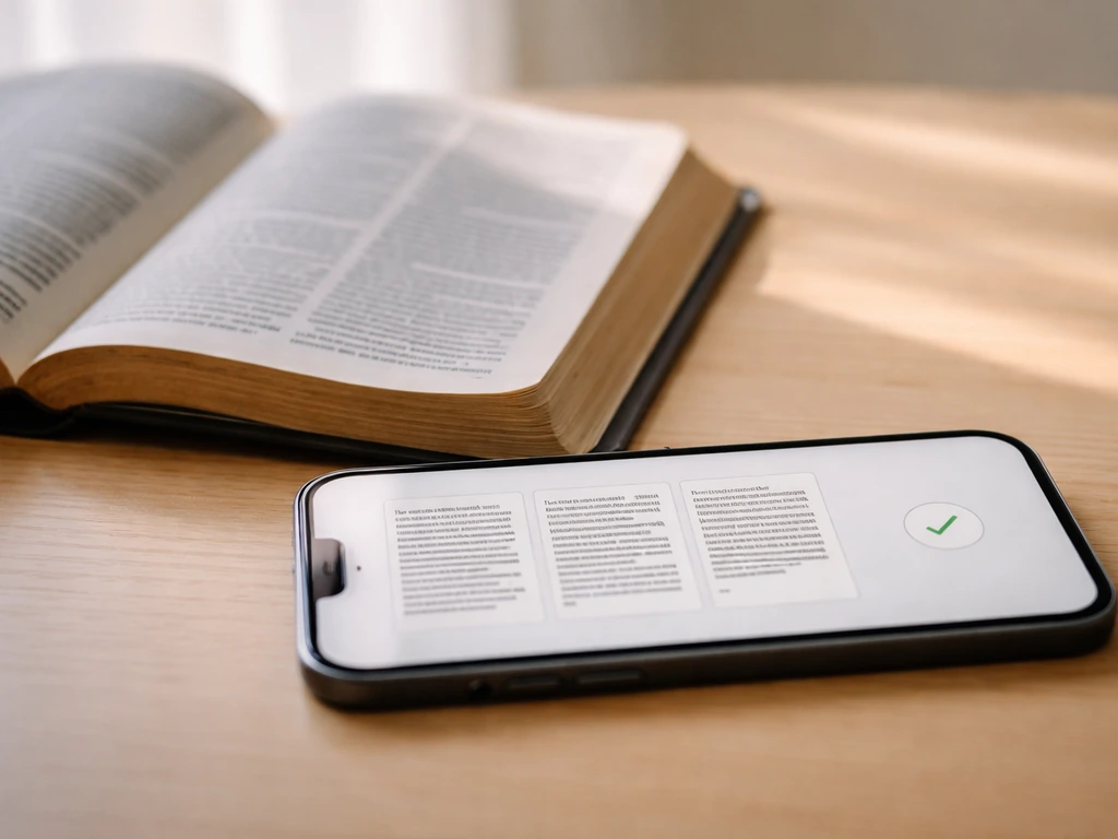 Close-up of an iPhone screen showing three open Bible pages side by side with a checkmark icon nearby