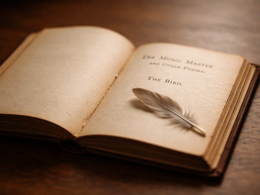 Open vintage poetry book on a table with a feather resting on the pages.
