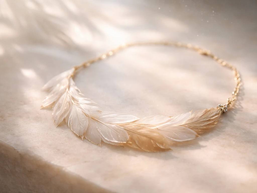 A feather necklace on a sunlit stone surface with soft light and airy atmosphere.