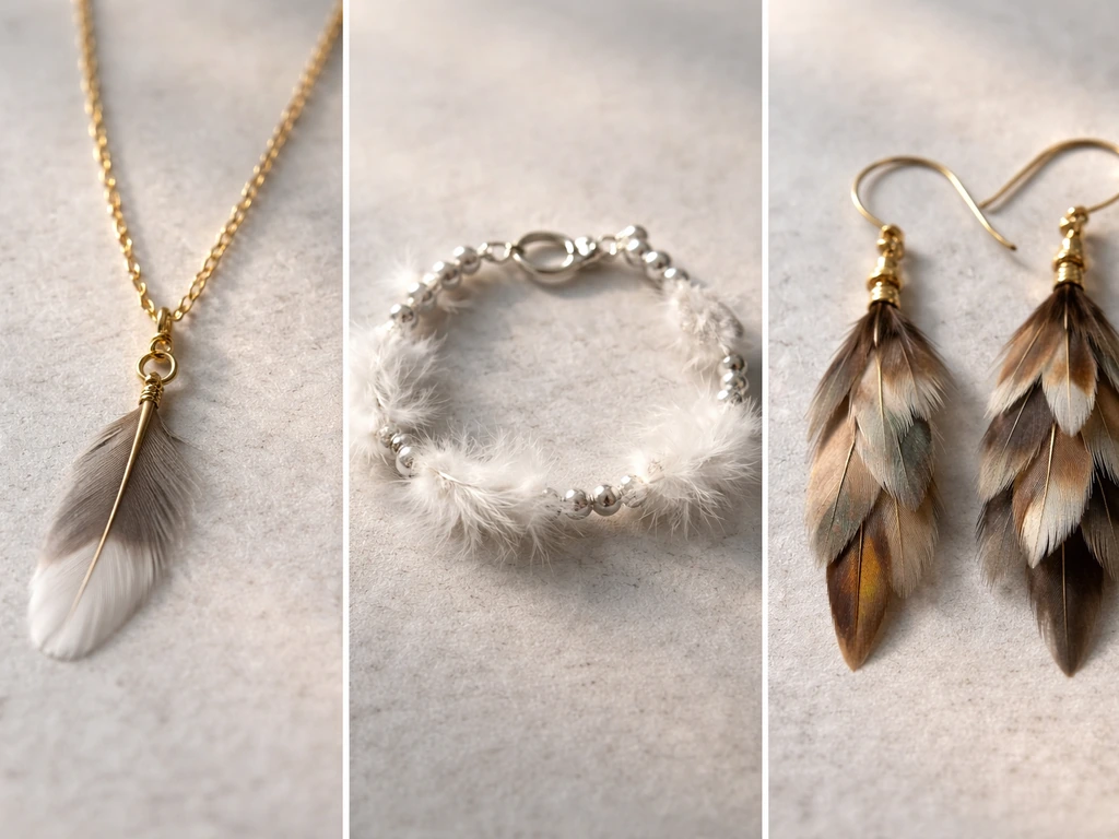Three small bird-derived jewelry pieces in close-up, showing feather, down-like fibers, and layered parts.
