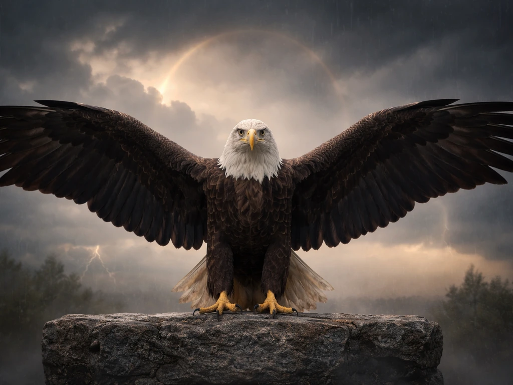 Mythic eagle with wings spread against a stormy sky, subtle Jupiter thunder and Roman-inspired cues