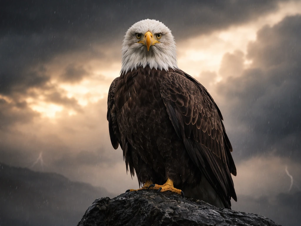 Close-up eagle with stormy sky and sunlit clouds, evoking Jupiter’s thunder and sky imagery.