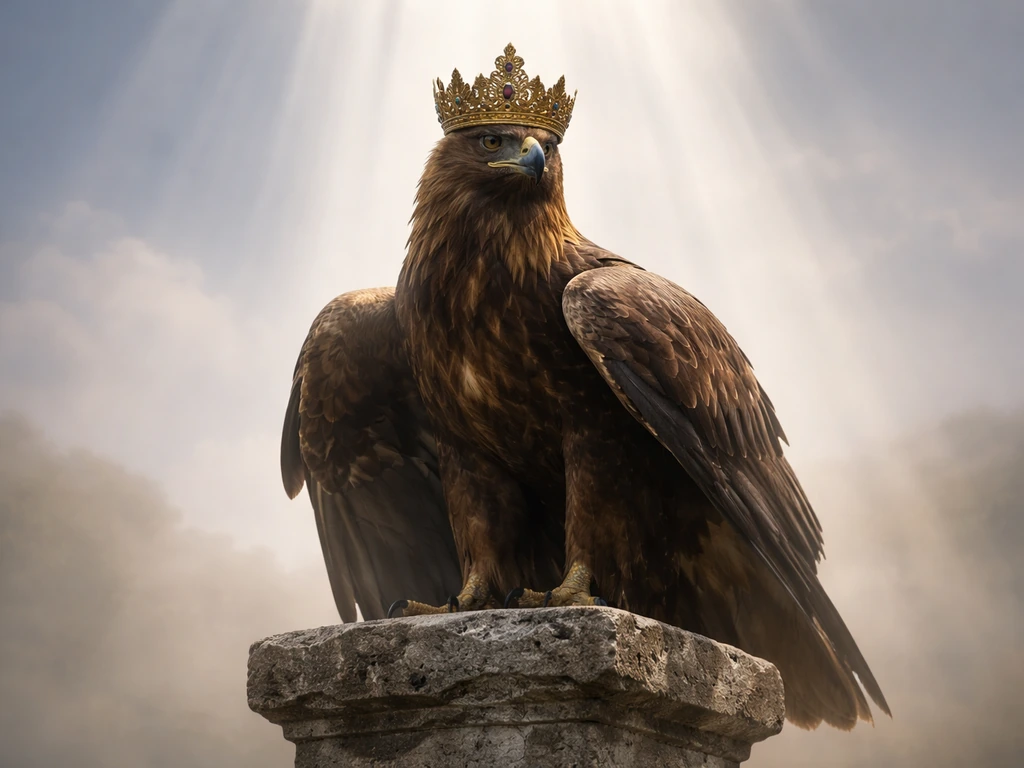 Golden eagle with a regal crown, surrounded by soft descending light rays in a quiet sky-like setting