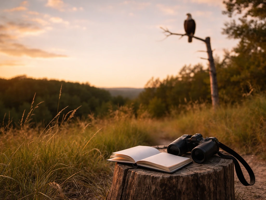 Binoculars and an open notebook in the foreground while an eagle perches on a distant branch.