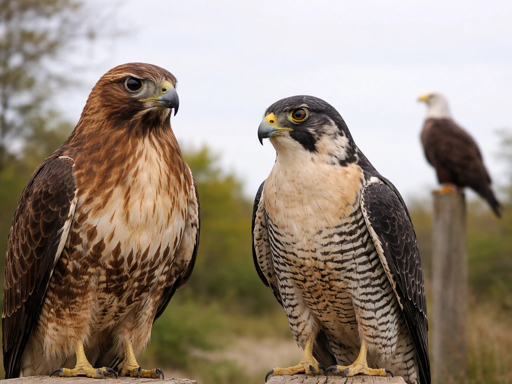 Hawk and falcon perched side-by-side with an eagle-like bird in soft focus, illustrating mix-ups.